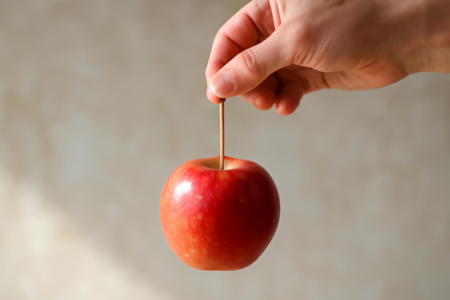 Egy kéz egy piros almát tart, amely a gravitáció hatására lefelé vonzódik.