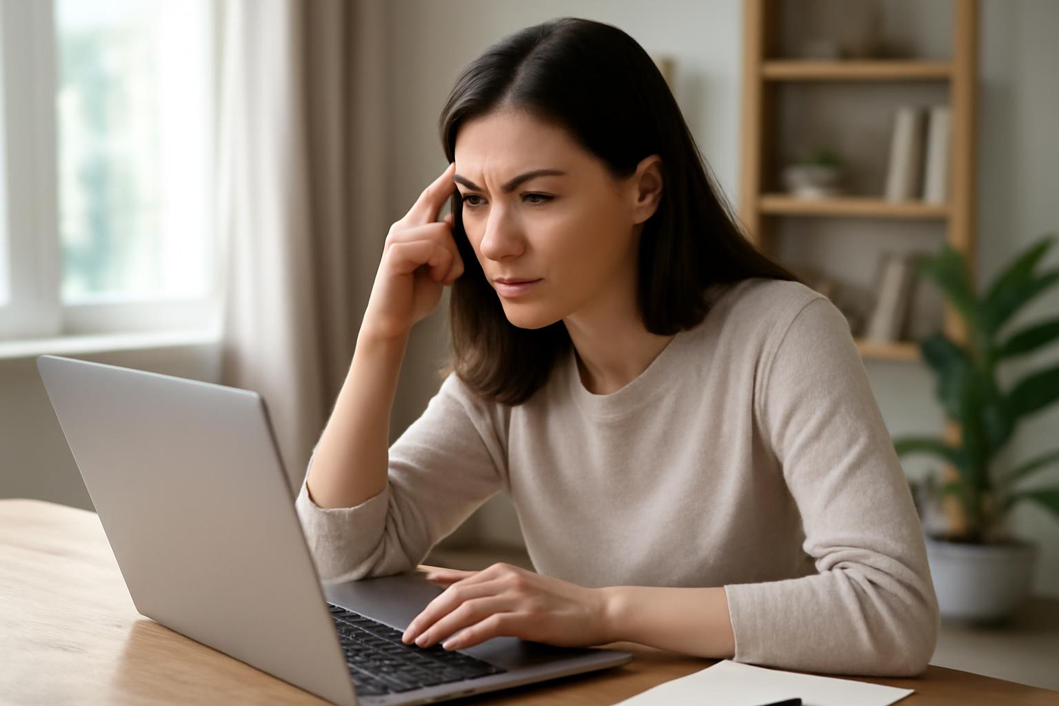 Egy nő koncentrálva nézi a laptopját, miközben gondolkodik.