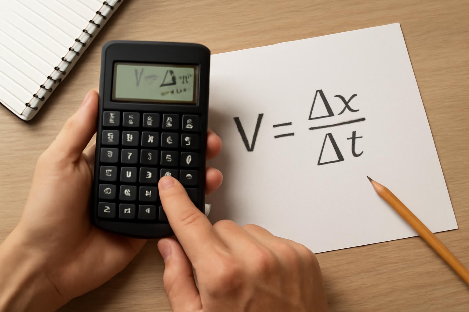 Kéz egy számológépen, mellette a sebesség képlete: V = Δx / Δt.