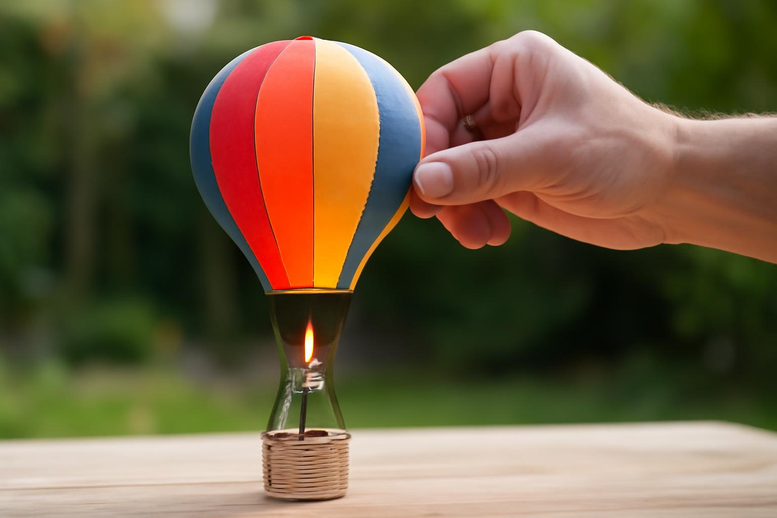 Mini hőlégballon, amelyet egy kéz tart, lánggal a talpán, háttérben zöld növények.