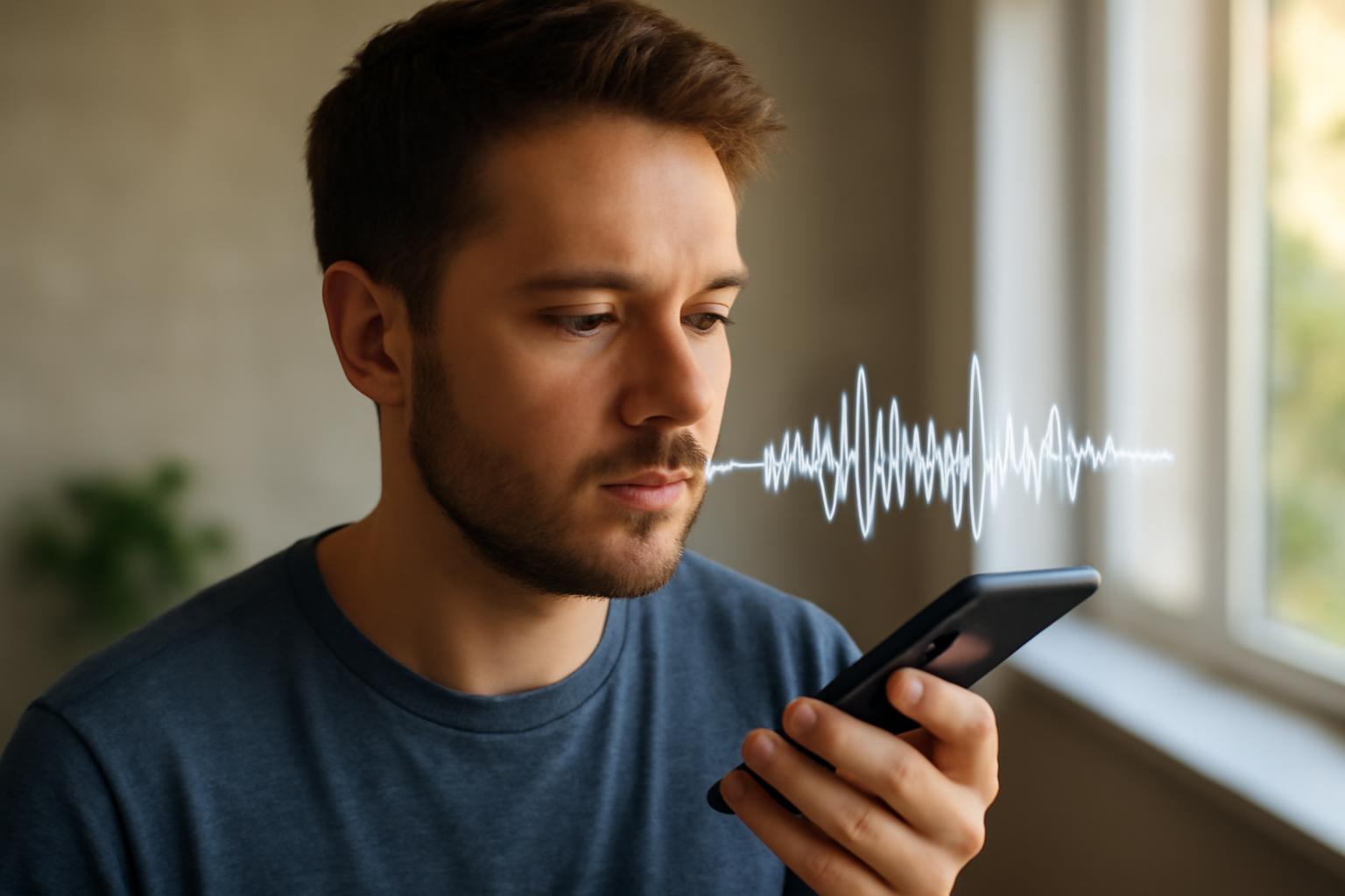 Egy fiatal férfi a telefonját nézi, miközben hanghullámok láthatók a képen.
