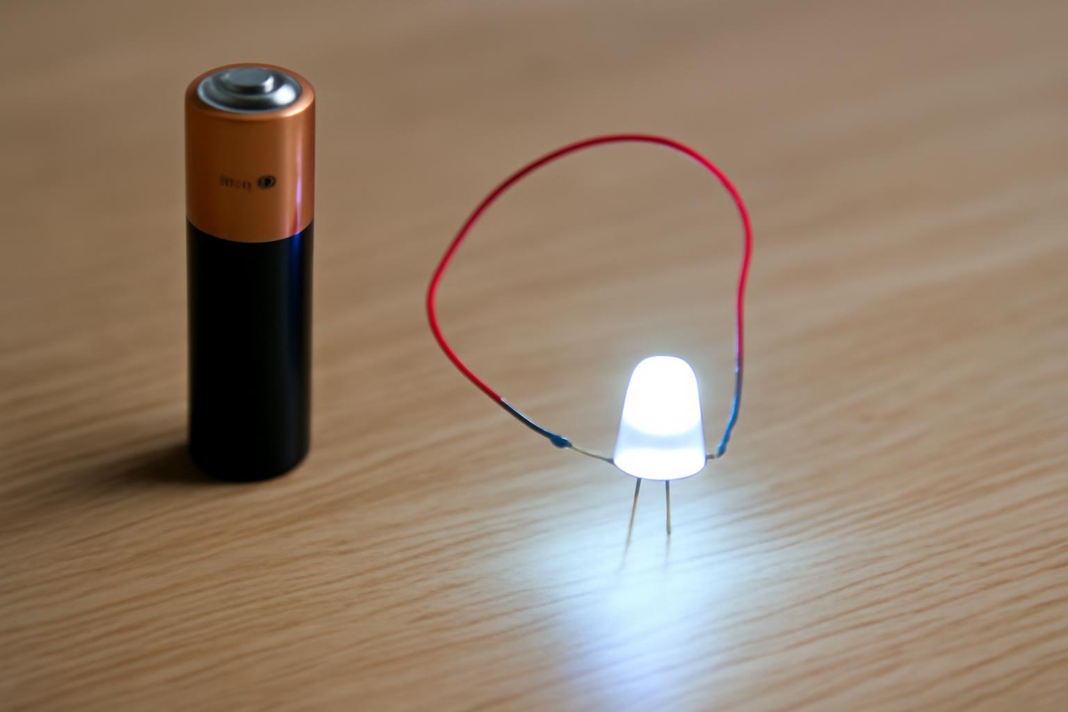 Egy LED világít egy elem segítségével, amely mellett piros és kék vezetékek láthatók.