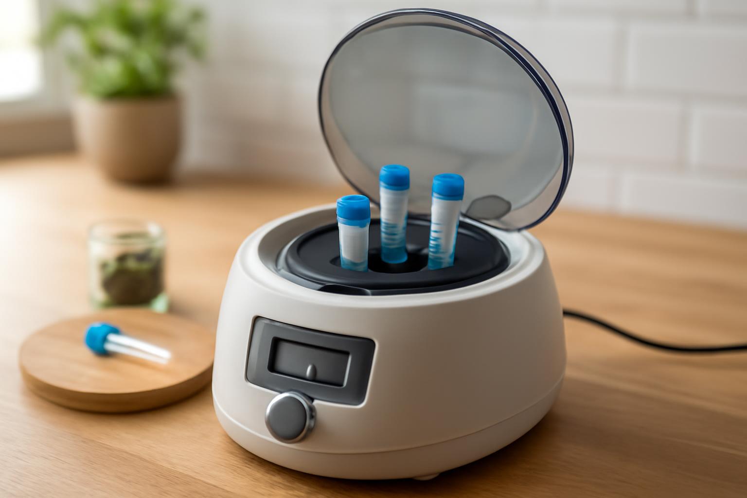 Egy házi centrifuga modell, kék kupakos csövekkel a fedél alatt.