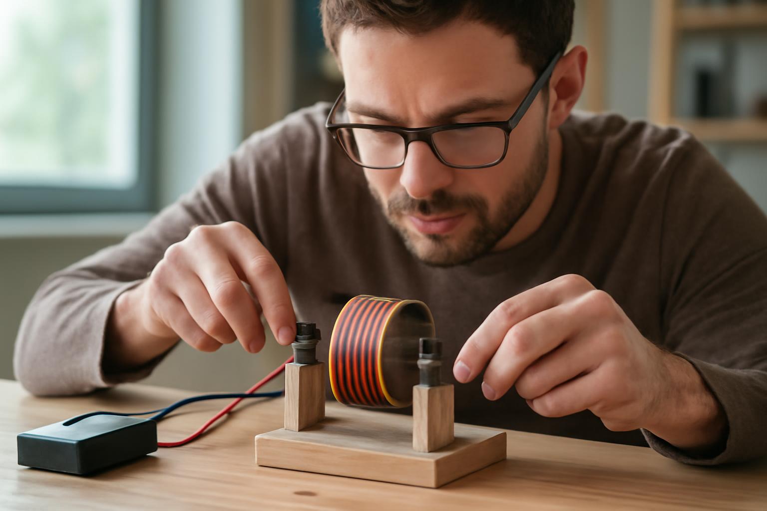 Egy férfi elektromotort épít, figyelmesen állítja be a tekercseket.