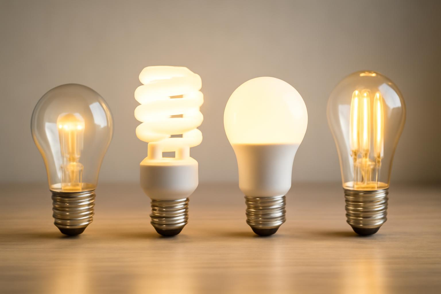 Négy különböző izzó, köztük LED, halogén és energiatakarékos, világítanak egy asztalon.