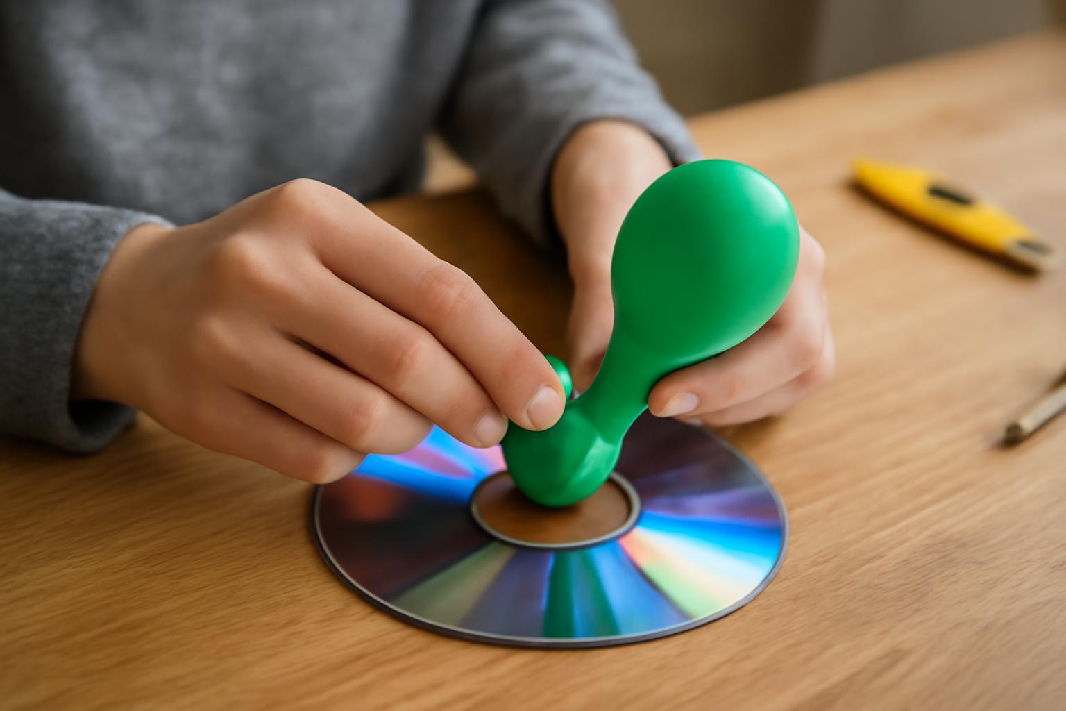 Egy kéz zöld lufit helyez egy CD közepére, készül a légpárnás korong.