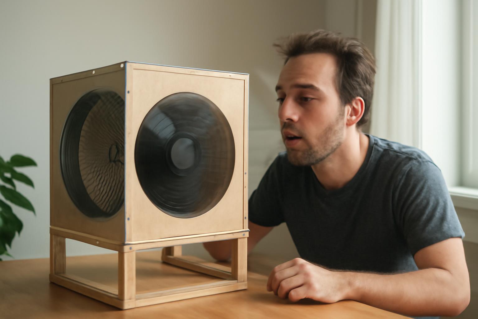 Egy férfi figyeli a házi szélcsatornát, amely fából készült és ventilátorral működik.