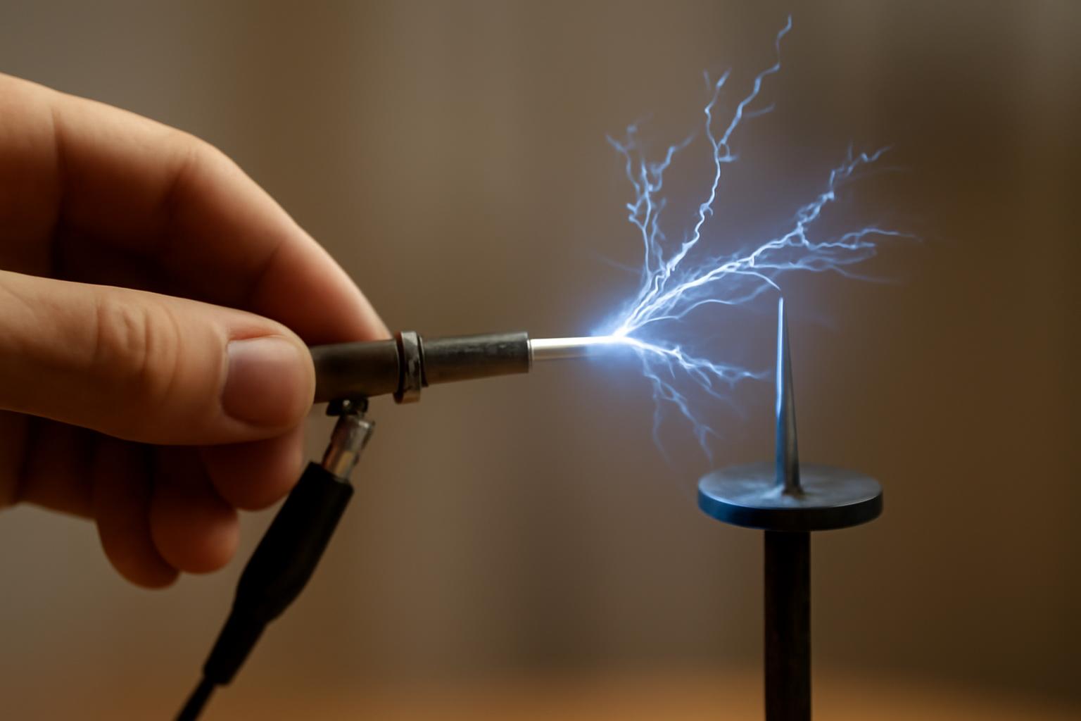 Egy kéz elektromos kisülést generál egy fémcsúcs közelében.