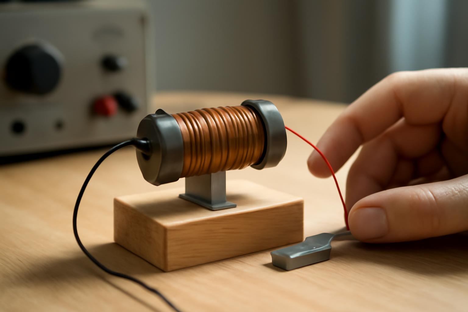 Egy elektromotor modellje, amelyben réztekercs és vezeték található.