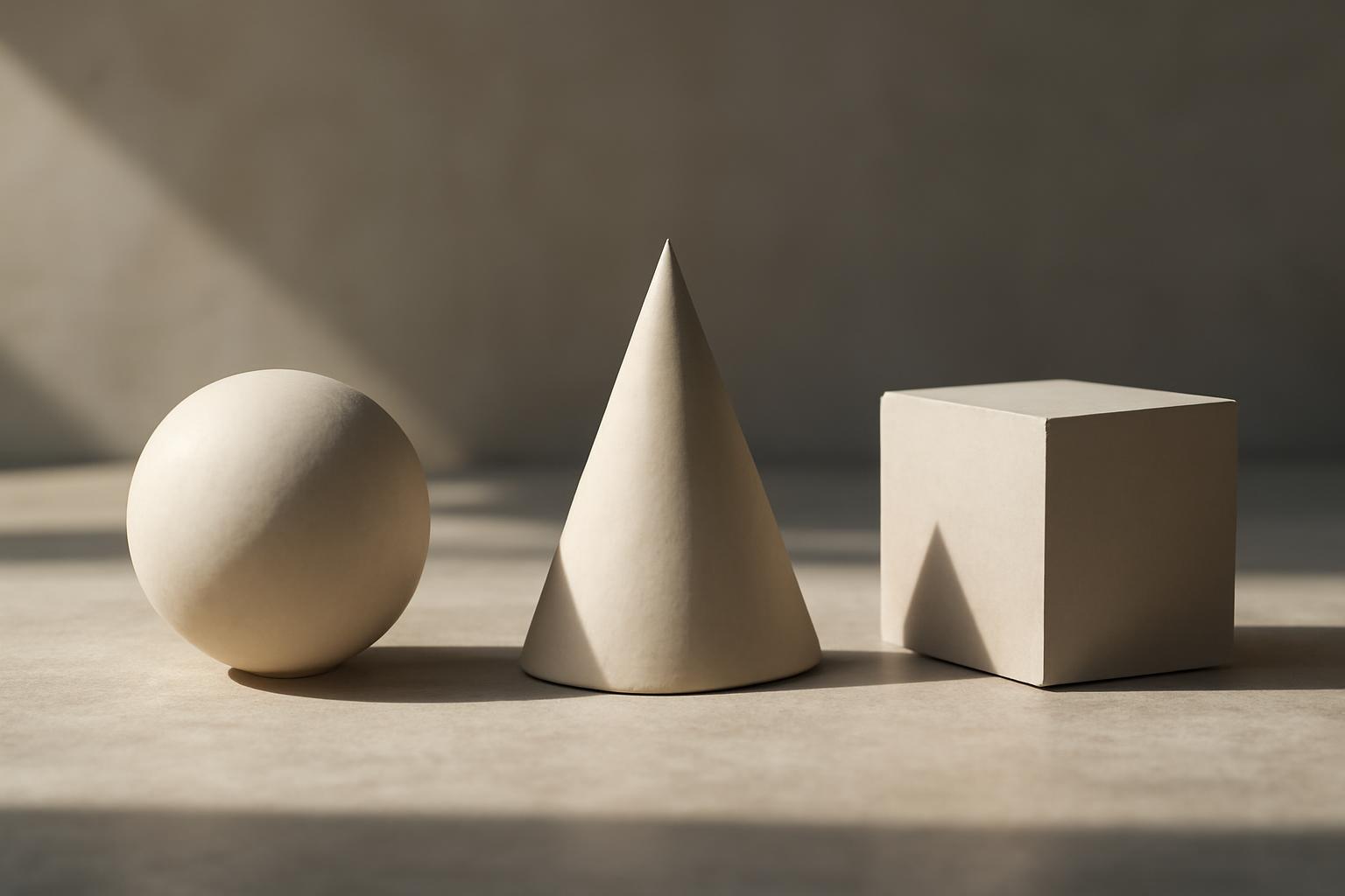 Három különböző geometriai forma: gömb, kúp és kocka, egy asztalon.
