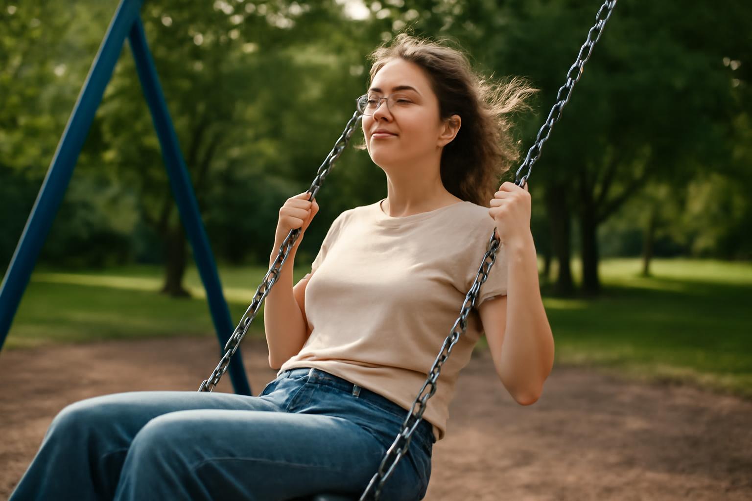 Egy fiatal nő hintázik a parkban, élvezi a mozgást és a szellőt.