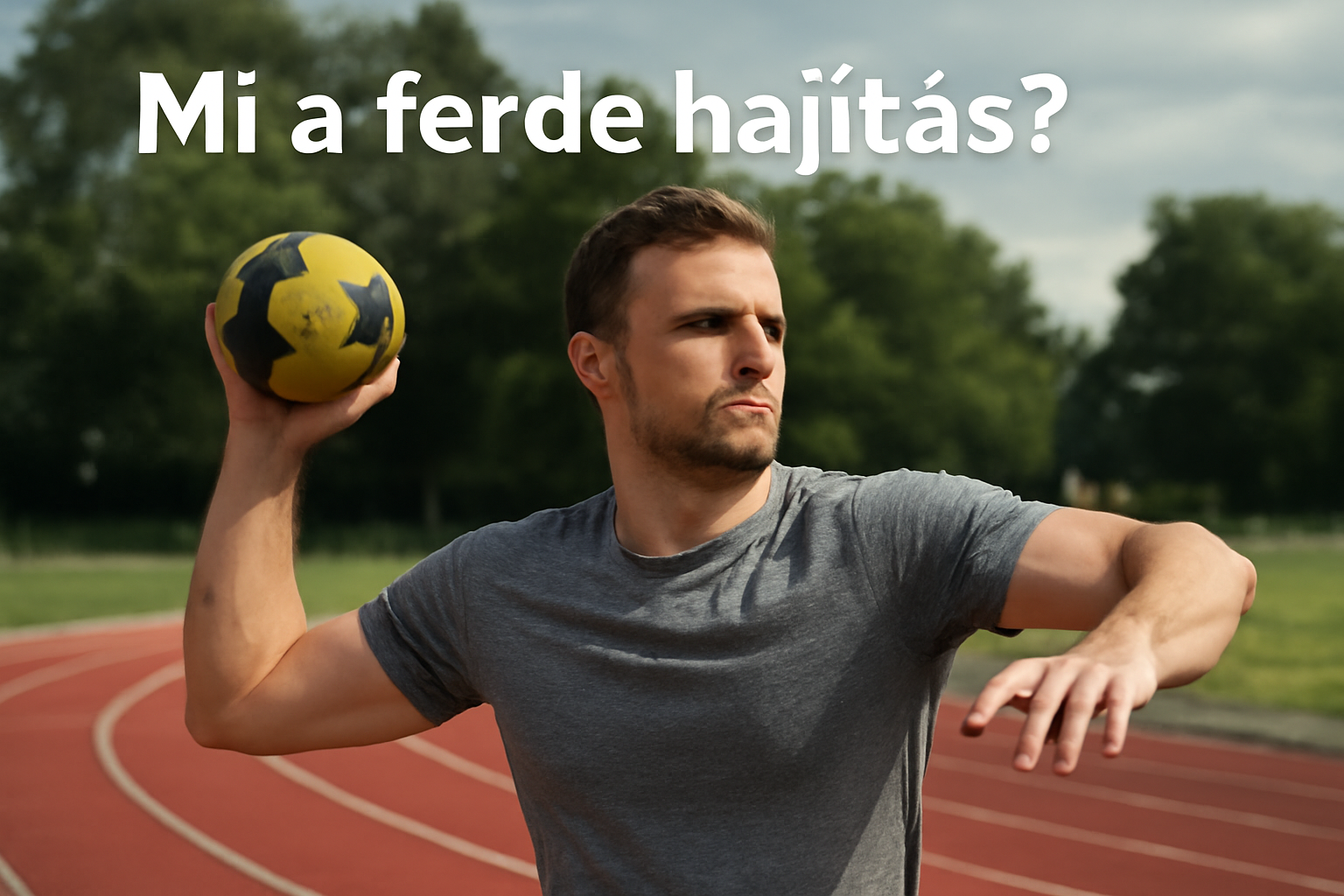 Egy sportoló, aki ferde hajítást végez egy labdával, edzőpályán.